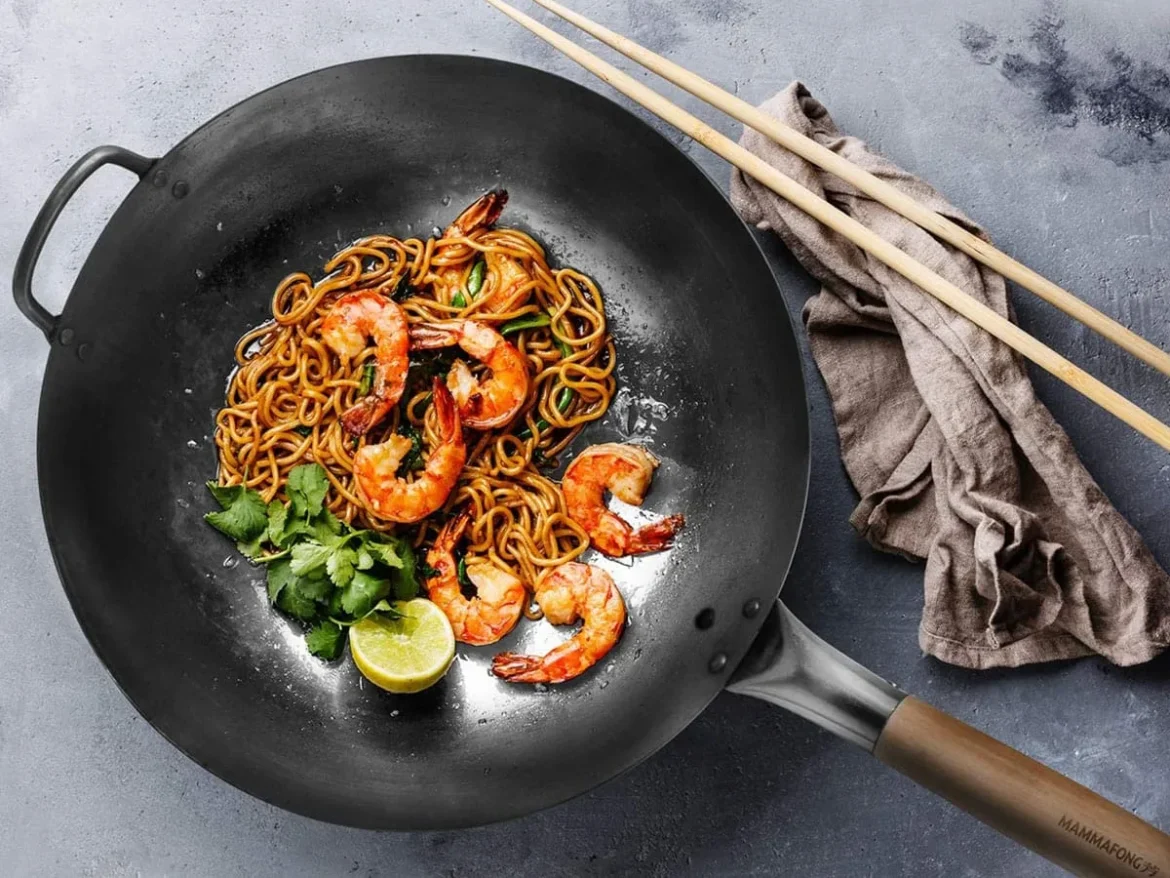 Carbon steel wok on the stove