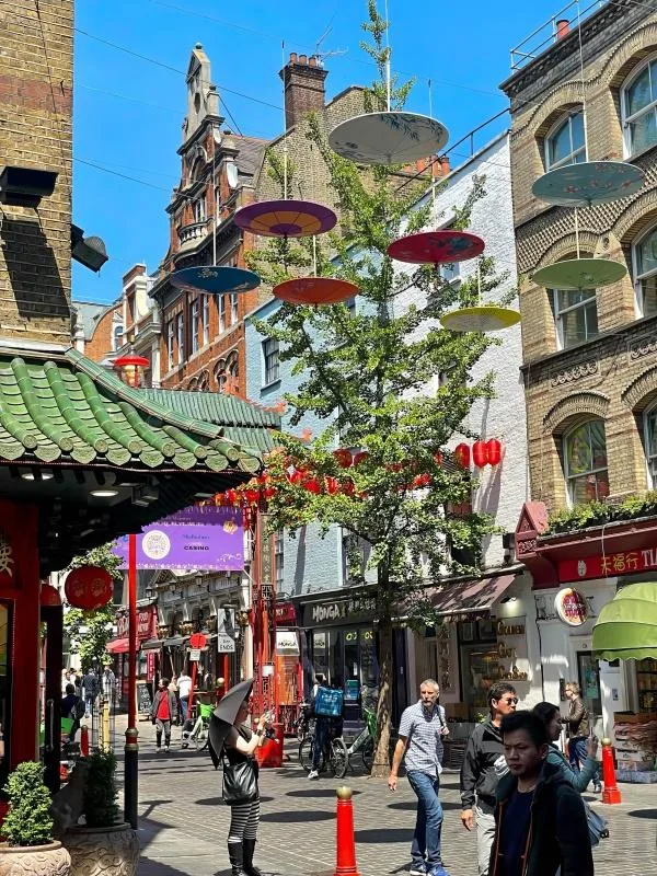 Red lanterns over a street in London Chinatown