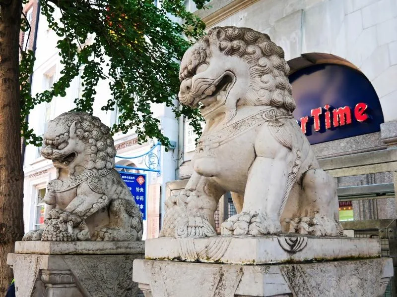 Stone lions on Gerrard Street, London Chinatown