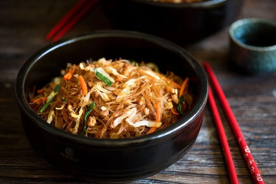 Glass noodles stir-fried with napa cabbage