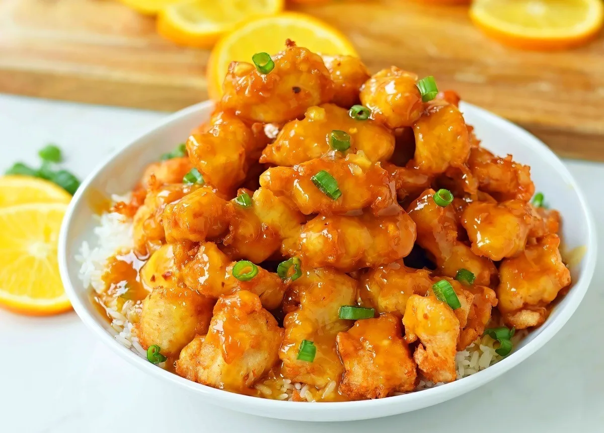 Orange chicken served with rice