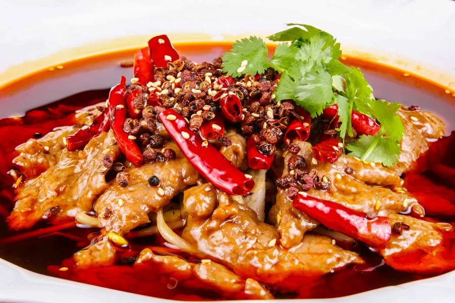 Close-up of Sichuan boiled beef with chilies and Sichuan pepper