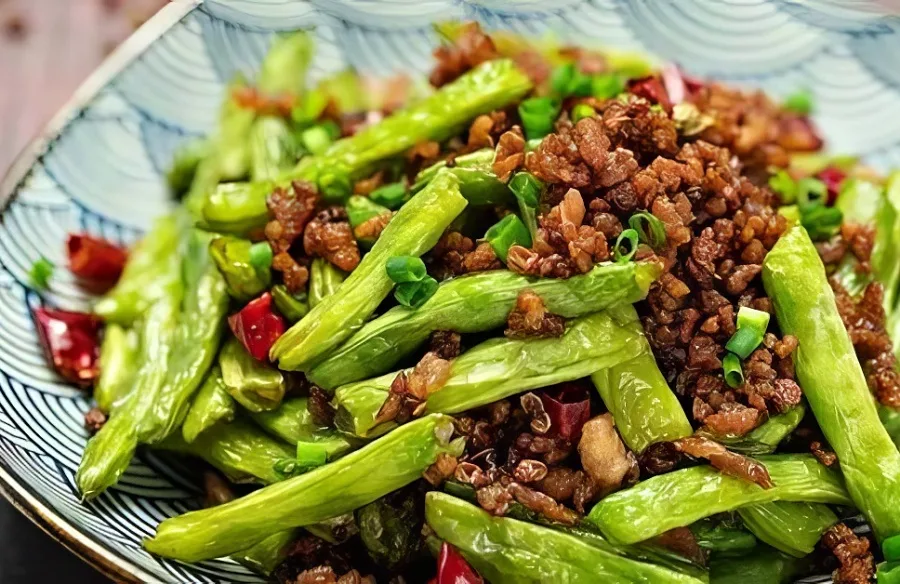 Sichuan green beans served on a plate