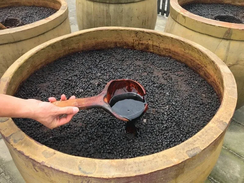 Soy sauce fermenting in a clay crock