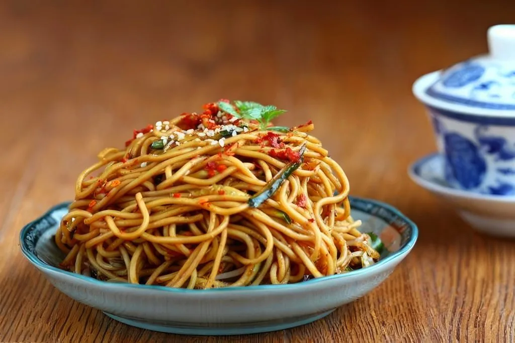 Spicy cold noodles with shredded chicken