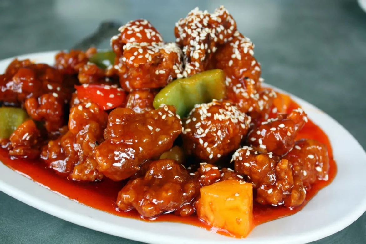 Sweet and sour chicken with pineapple and peppers