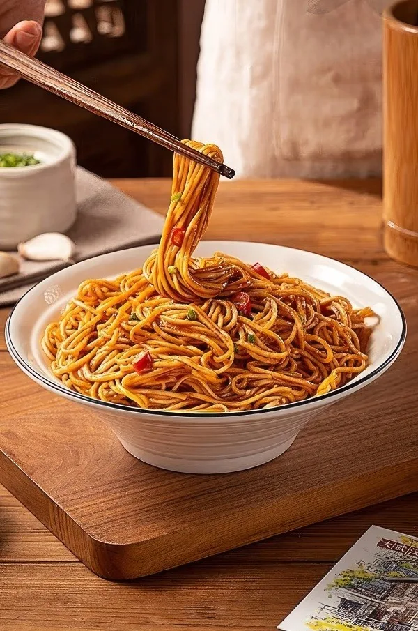 Hot dry noodles in a bowl